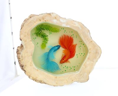 Tranh Hai Cá Xiêm 3D Gốc Cây Để Bàn