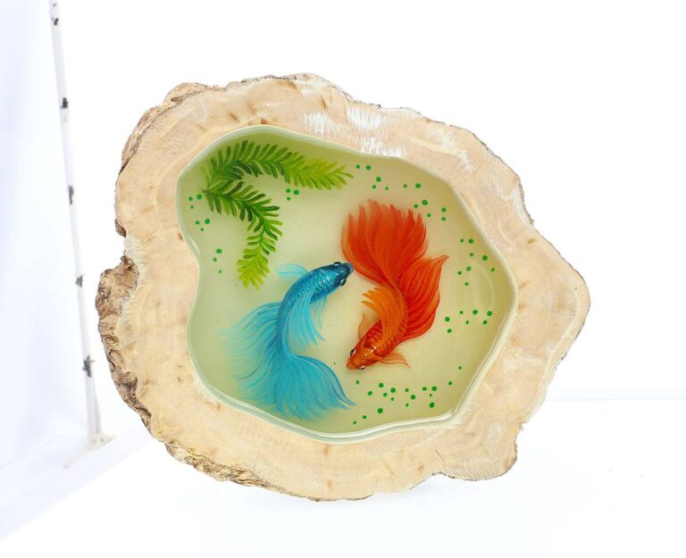 Tranh Hai Cá Xiêm 3D Gốc Cây Để Bàn