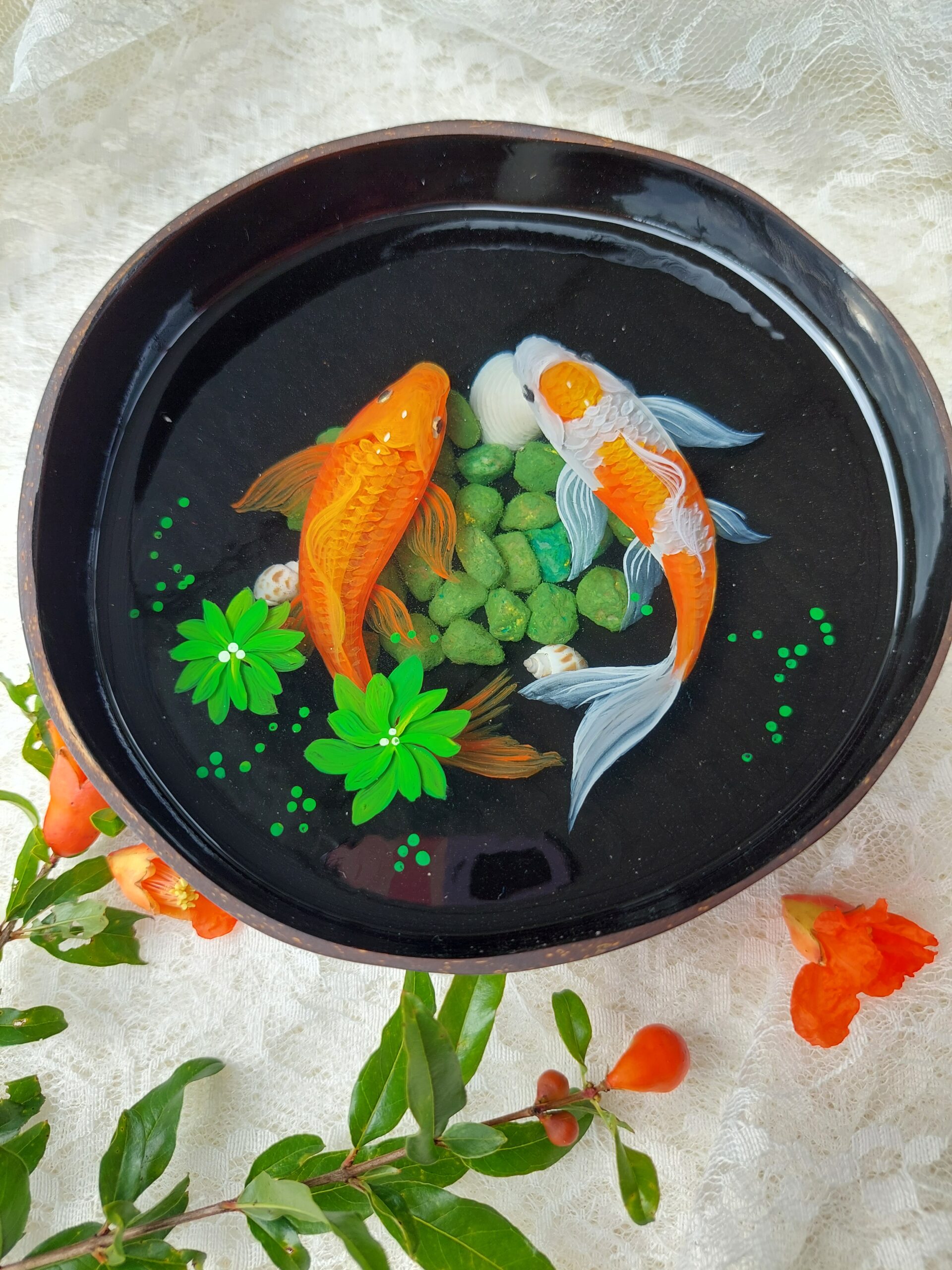 Hình ảnh Gáo Dừa 2 Cá 3D Để Bàn